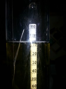 Gravity reading from 10/26/13 near the end of fermentation on my first batch of beer.  Wort around 65°, better picture than the previous one.